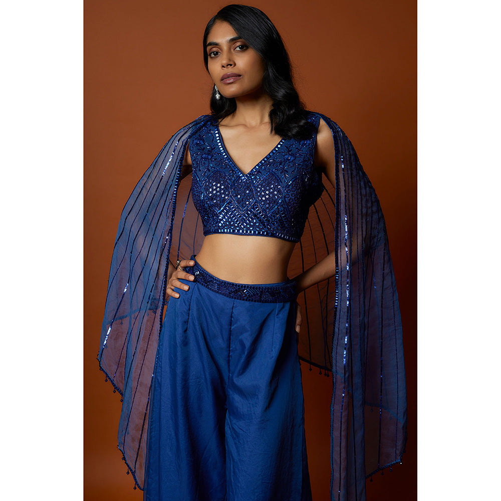 MEHAK MURPANA Royal Embroidered Blue Blouse With Pant And Cape (Set of 3)