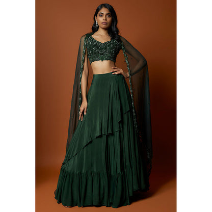 MEHAK MURPANA Forest Green Embroidered Lehenga with Stitched Blouse And Dupatta (Set of 3)