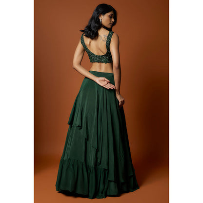 MEHAK MURPANA Forest Green Embroidered Lehenga with Stitched Blouse And Dupatta (Set of 3)