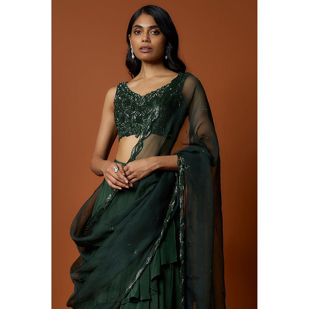 MEHAK MURPANA Forest Green Embroidered Lehenga with Stitched Blouse And Dupatta (Set of 3)