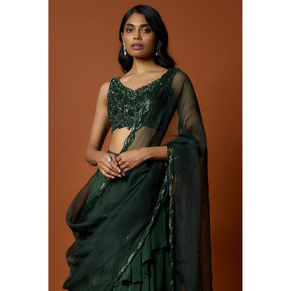 MEHAK MURPANA Forest Green Embroidered Lehenga with Stitched Blouse And Dupatta (Set of 3)
