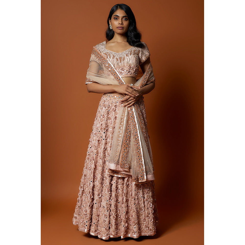 MEHAK MURPANA Pink Embroidered Lehenga with Stitched Blouse And Dupatta (Set of 3)