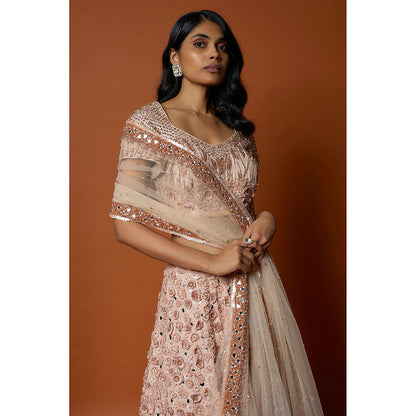 MEHAK MURPANA Pink Embroidered Lehenga with Stitched Blouse And Dupatta (Set of 3)