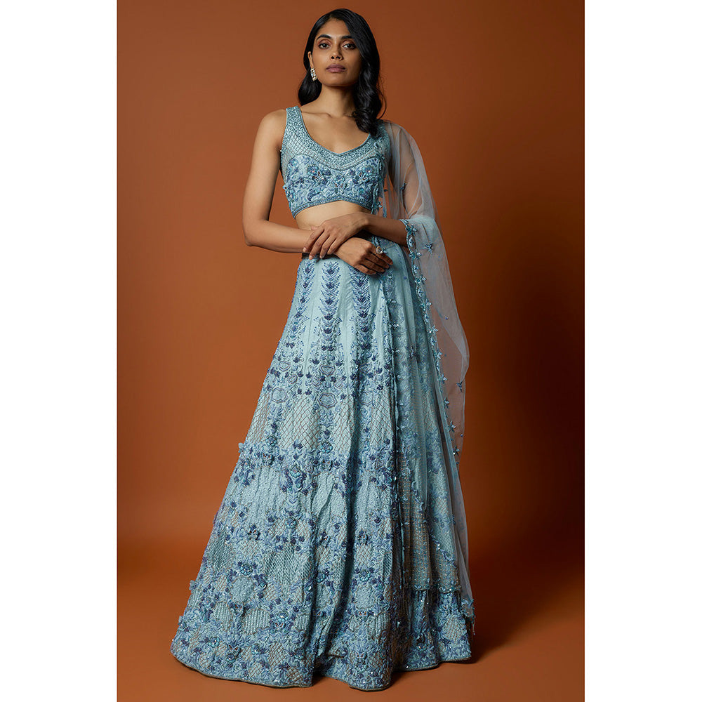 MEHAK MURPANA Sky Blue Embroidered Lehenga with Stitched Blouse And Dupatta (Set of 3)