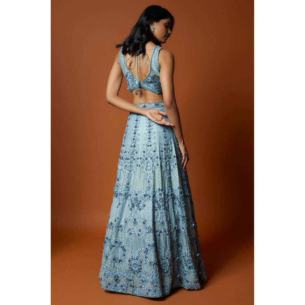 MEHAK MURPANA Sky Blue Embroidered Lehenga with Stitched Blouse And Dupatta (Set of 3)