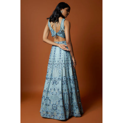MEHAK MURPANA Sky Blue Embroidered Lehenga with Stitched Blouse And Dupatta (Set of 3)