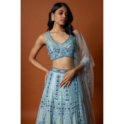 MEHAK MURPANA Sky Blue Embroidered Lehenga with Stitched Blouse And Dupatta (Set of 3)