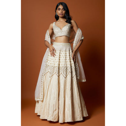 MEHAK MURPANA Ivory Embroidered Lehenga with Stitched Blouse And Dupatta (Set of 3)
