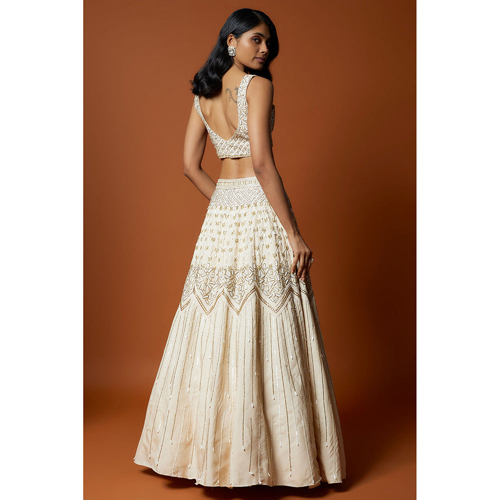 MEHAK MURPANA Ivory Embroidered Lehenga with Stitched Blouse And Dupatta (Set of 3)