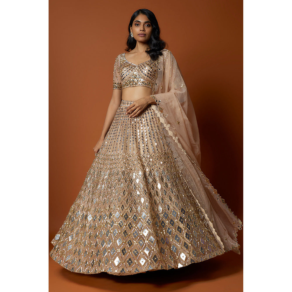 MEHAK MURPANA Gold Embroidered Lehenga with Stitched Blouse And Dupatta (Set of 3)