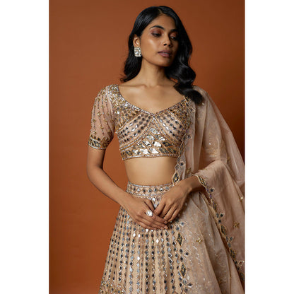 MEHAK MURPANA Gold Embroidered Lehenga with Stitched Blouse And Dupatta (Set of 3)