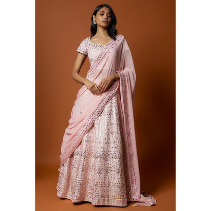 MEHAK MURPANA Baby Pink Embroidered Lehenga with Stitched Blouse And Dupatta (Set of 3)