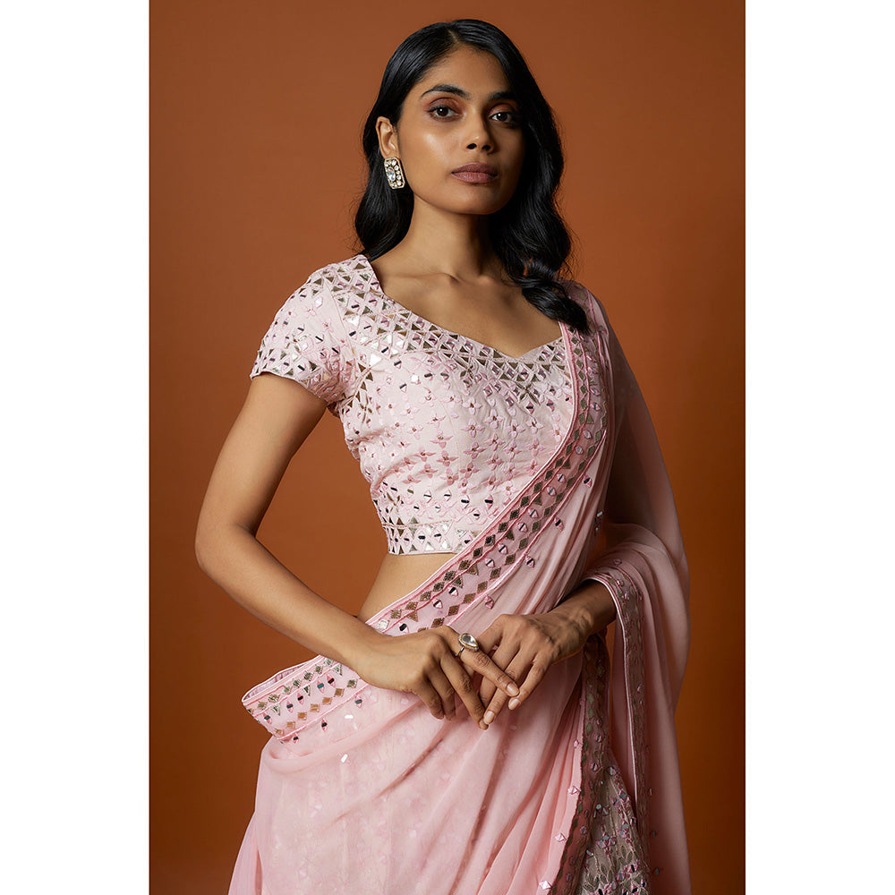 MEHAK MURPANA Baby Pink Embroidered Lehenga with Stitched Blouse And Dupatta (Set of 3)