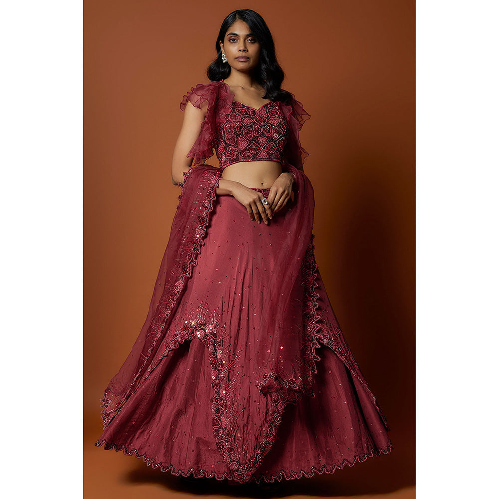 MEHAK MURPANA Red Embroidered Lehenga with Stitched Blouse And Dupatta (Set of 3)