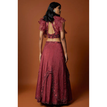 MEHAK MURPANA Red Embroidered Lehenga with Stitched Blouse And Dupatta (Set of 3)