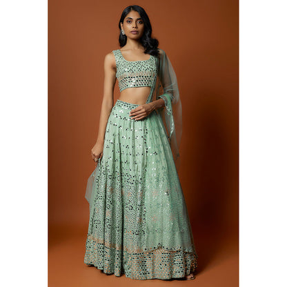 MEHAK MURPANA Sea Green Mirror Lehenga with Stitched Blouse And Dupatta (Set of 3)