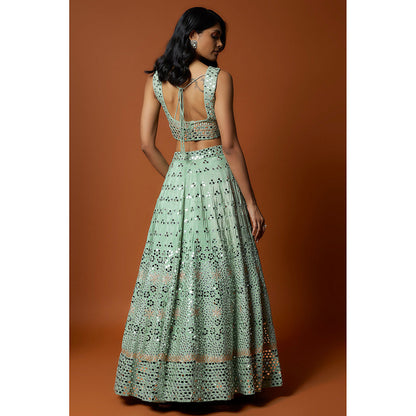 MEHAK MURPANA Sea Green Mirror Lehenga with Stitched Blouse And Dupatta (Set of 3)