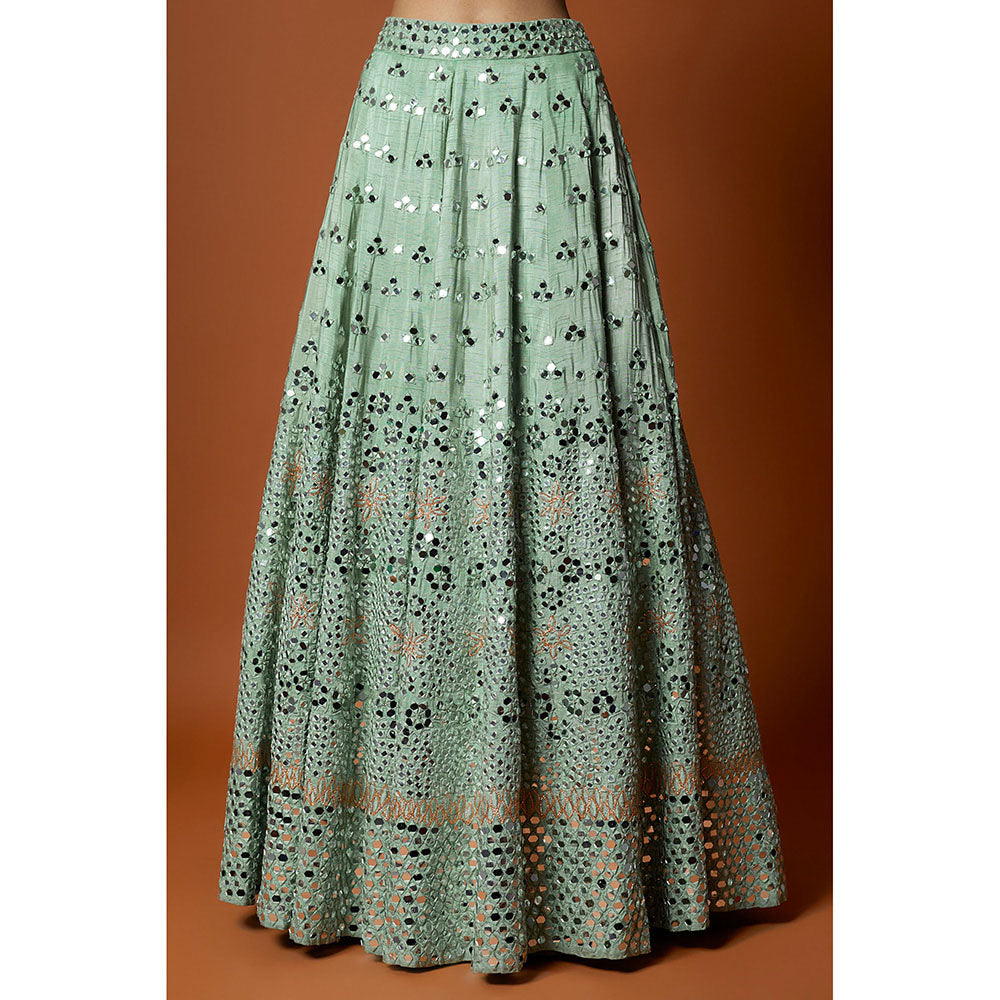 MEHAK MURPANA Sea Green Mirror Lehenga with Stitched Blouse And Dupatta (Set of 3)