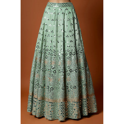 MEHAK MURPANA Sea Green Mirror Lehenga with Stitched Blouse And Dupatta (Set of 3)