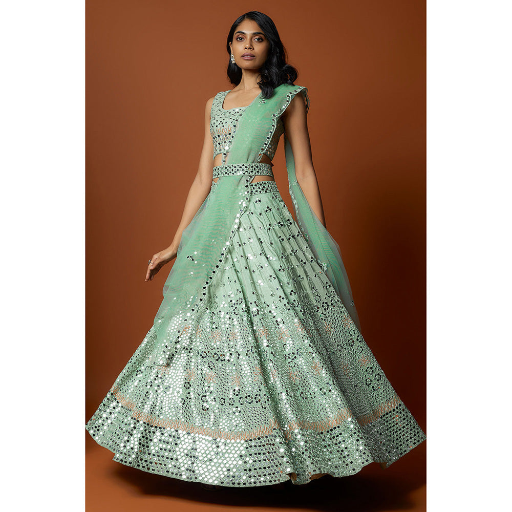 MEHAK MURPANA Sea Green Mirror Lehenga with Stitched Blouse And Dupatta (Set of 3)