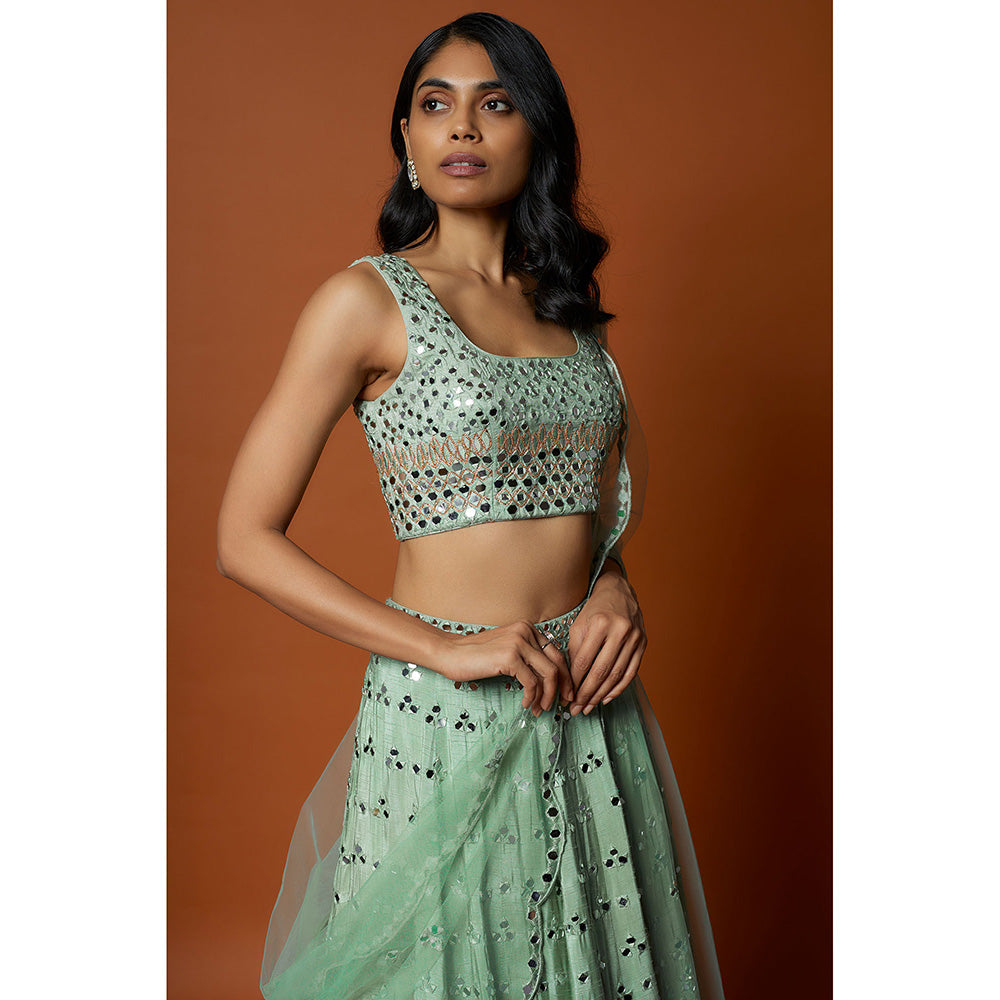 MEHAK MURPANA Sea Green Mirror Lehenga with Stitched Blouse And Dupatta (Set of 3)