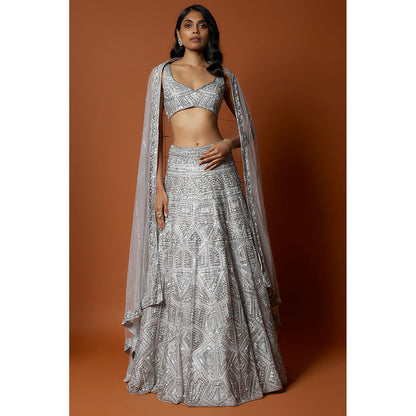 MEHAK MURPANA Silver Embroidered Lehenga with Stitched Blouse And Dupatta (Set of 3)
