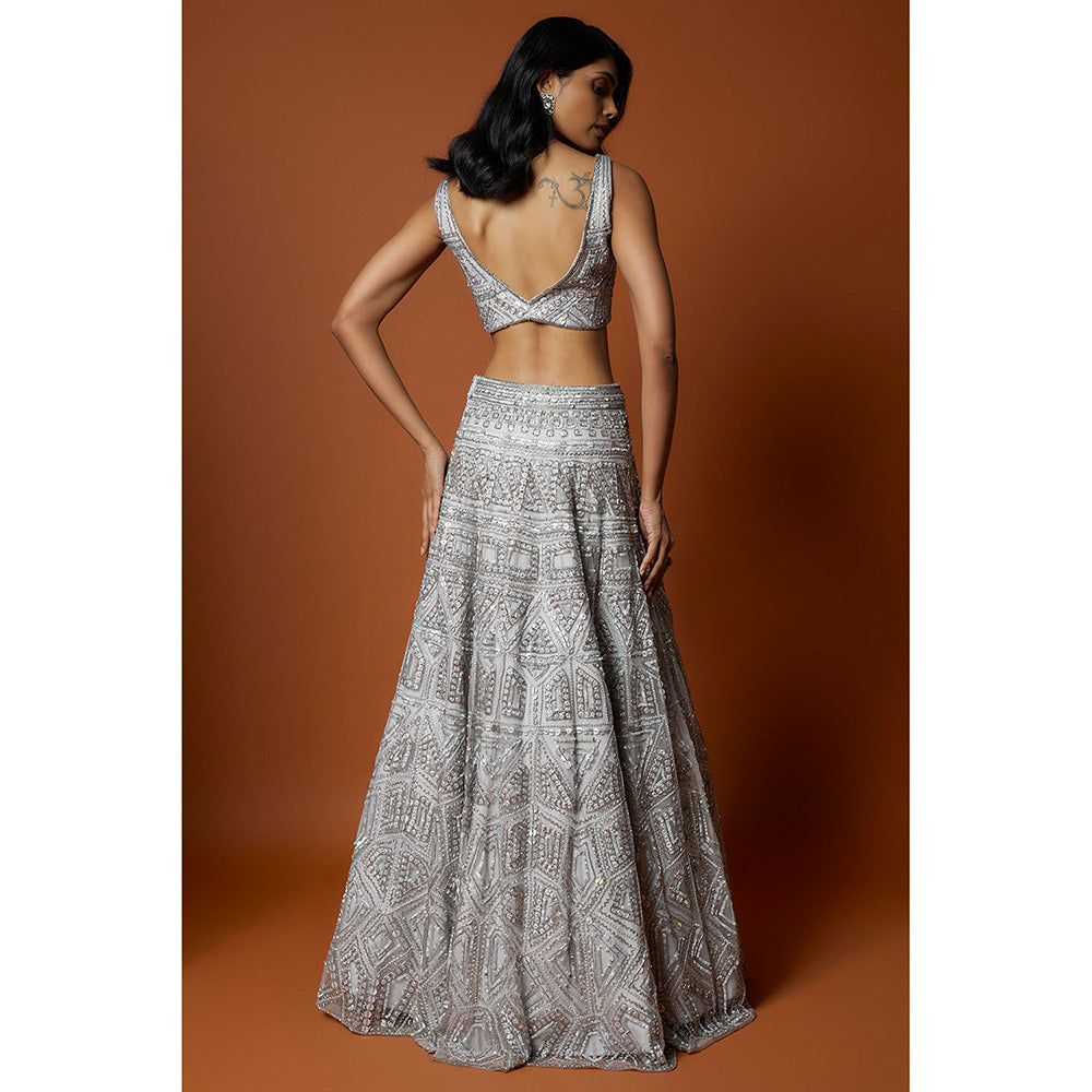 MEHAK MURPANA Silver Embroidered Lehenga with Stitched Blouse And Dupatta (Set of 3)