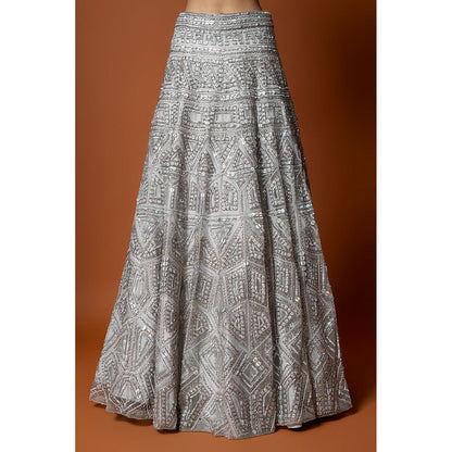 MEHAK MURPANA Silver Embroidered Lehenga with Stitched Blouse And Dupatta (Set of 3)