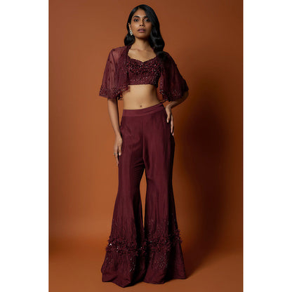 MEHAK MURPANA Maroon Embroidered Blouse, Sharara Pant, Short Jacket (Set of 3)