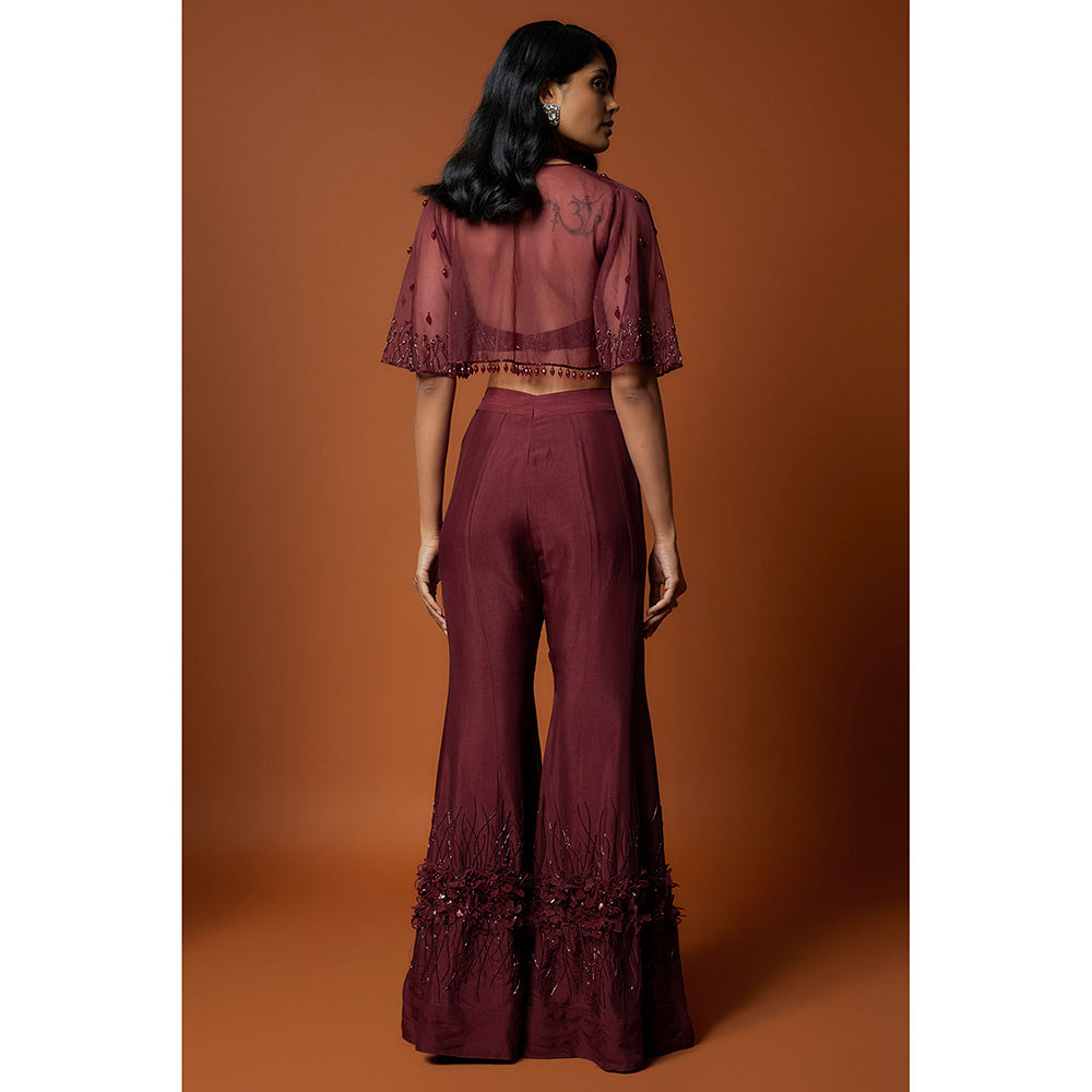 MEHAK MURPANA Maroon Embroidered Blouse, Sharara Pant, Short Jacket (Set of 3)