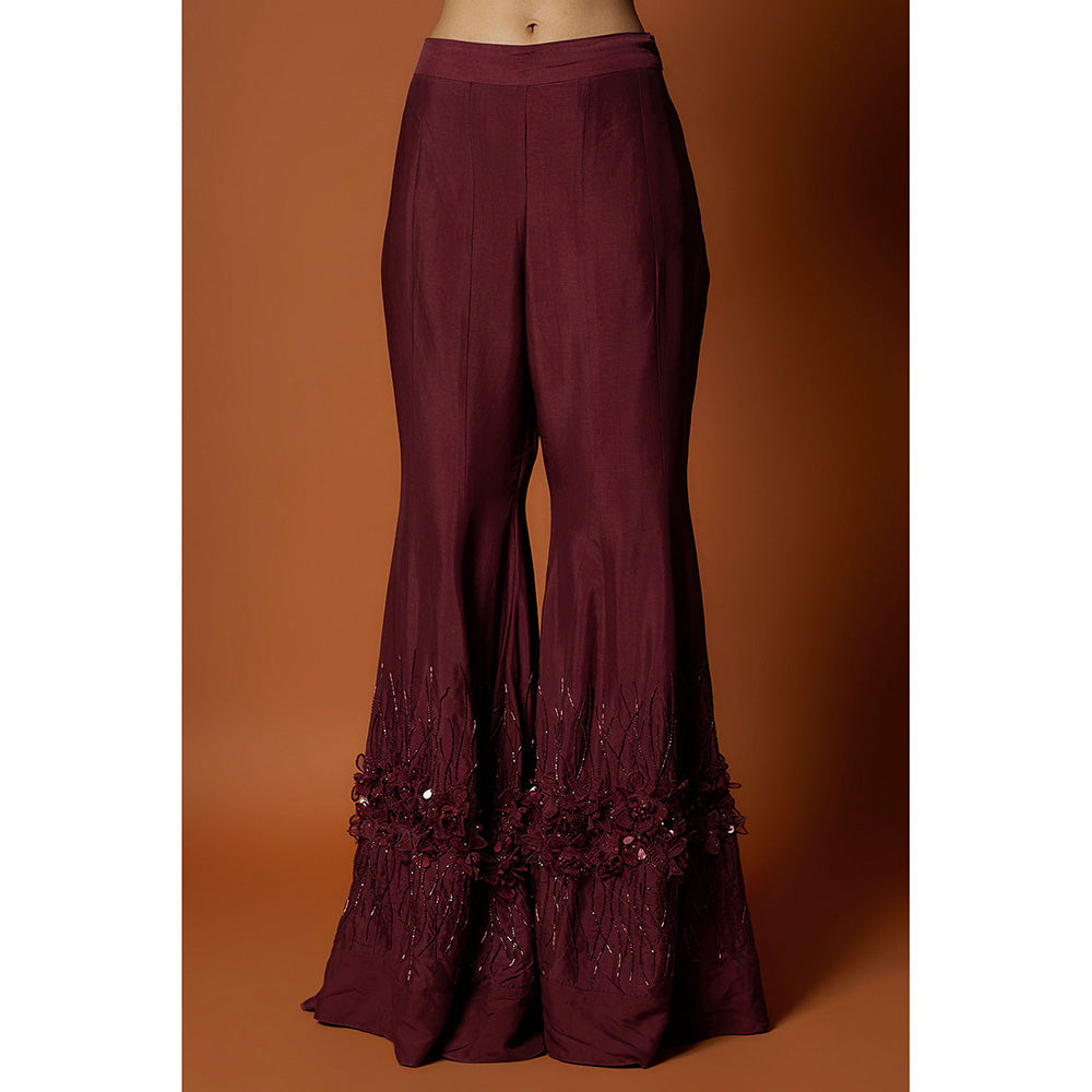 MEHAK MURPANA Maroon Embroidered Blouse, Sharara Pant, Short Jacket (Set of 3)