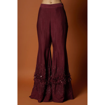 MEHAK MURPANA Maroon Embroidered Blouse, Sharara Pant, Short Jacket (Set of 3)