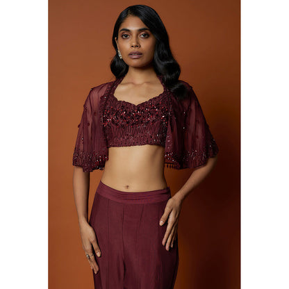 MEHAK MURPANA Maroon Embroidered Blouse, Sharara Pant, Short Jacket (Set of 3)
