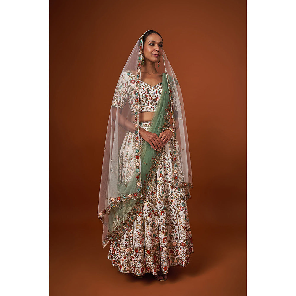 MEHAK MURPANA Ivory Embroidered Lehenga with Stitched Blouse And 2 Dupatta (Set of 4)