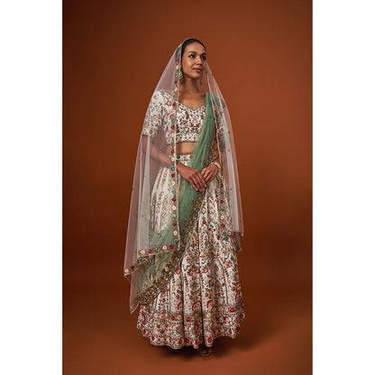 MEHAK MURPANA Ivory Embroidered Lehenga with Stitched Blouse And 2 Dupatta (Set of 4)