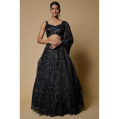 MEHAK MURPANA Black Embroidered Lehenga with Stitched Blouse And Dupatta (Set of 3)