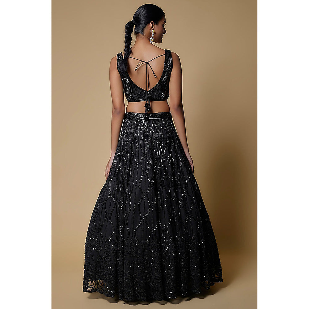 MEHAK MURPANA Black Embroidered Lehenga with Stitched Blouse And Dupatta (Set of 3)