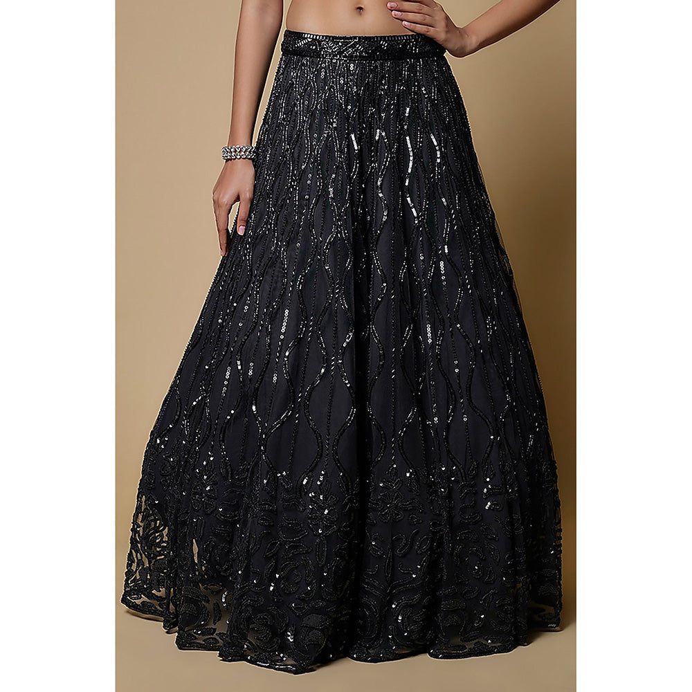 MEHAK MURPANA Black Embroidered Lehenga with Stitched Blouse And Dupatta (Set of 3)