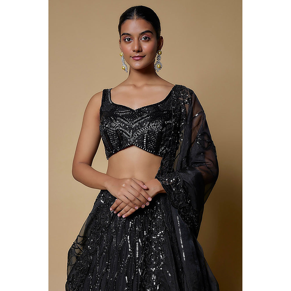 MEHAK MURPANA Black Embroidered Lehenga with Stitched Blouse And Dupatta (Set of 3)