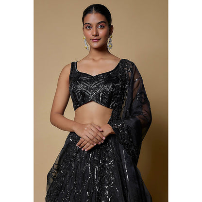 MEHAK MURPANA Black Embroidered Lehenga with Stitched Blouse And Dupatta (Set of 3)