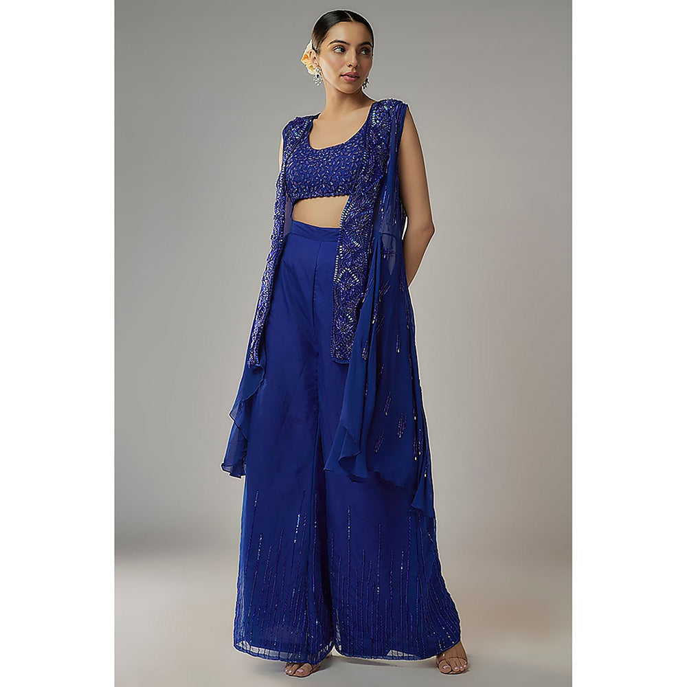 MEHAK MURPANA Royal Embroidered Blue Blouse With Pant And Jacket (Set of 3)