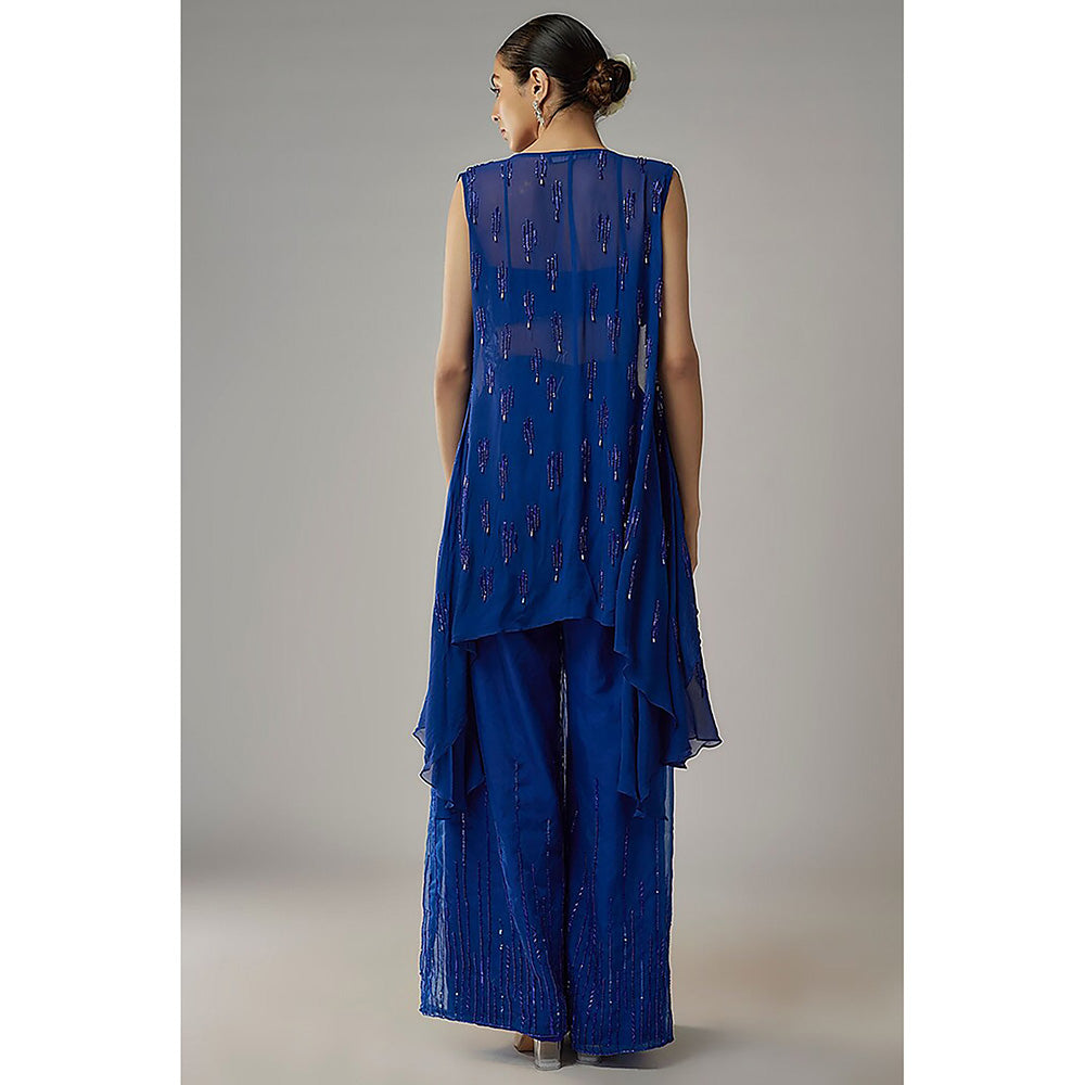 MEHAK MURPANA Royal Embroidered Blue Blouse With Pant And Jacket (Set of 3)