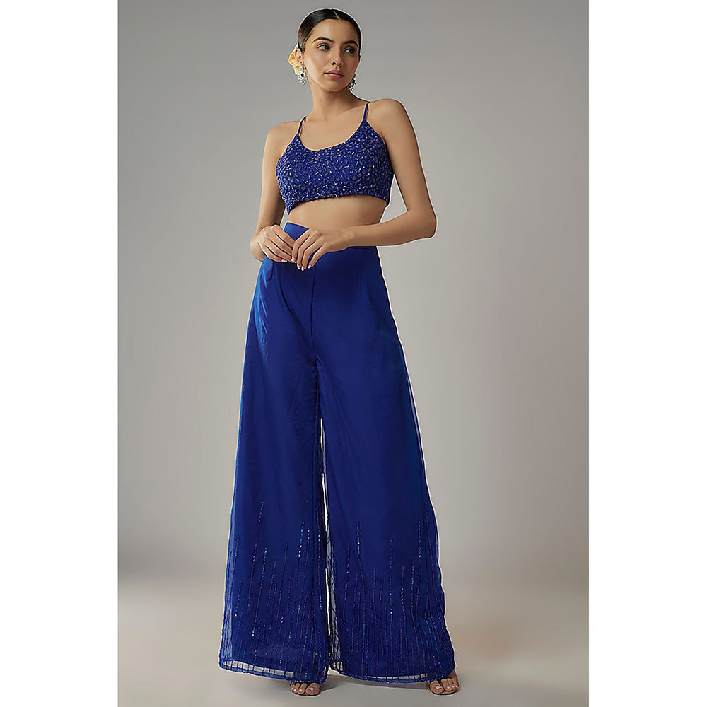 MEHAK MURPANA Royal Embroidered Blue Blouse With Pant And Jacket (Set of 3)