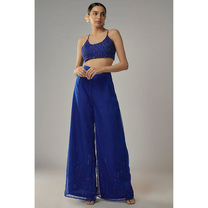 MEHAK MURPANA Royal Embroidered Blue Blouse With Pant And Jacket (Set of 3)