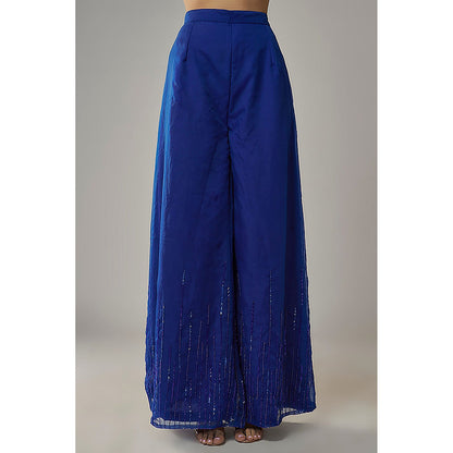 MEHAK MURPANA Royal Embroidered Blue Blouse With Pant And Jacket (Set of 3)