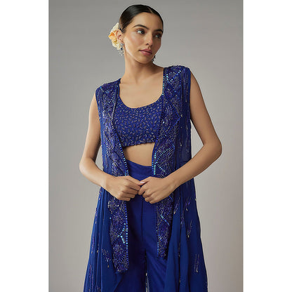 MEHAK MURPANA Royal Embroidered Blue Blouse With Pant And Jacket (Set of 3)