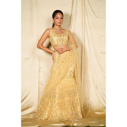 MEHAK MURPANA Gold Embroidered Fish Cut Lehenga with Blouse and Dupatta (Set of 3)