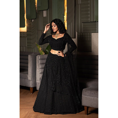Midushi Bajoria Black Heavy Georgette Lehenga with Hand Embroidery Blouse & Dupatta (Set of 3)