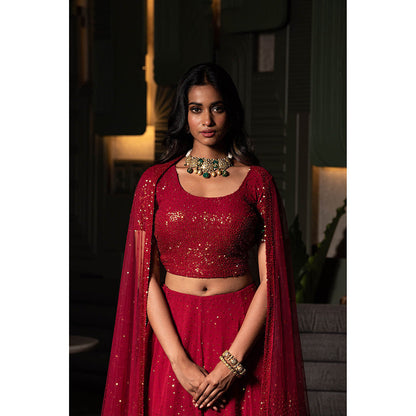 Midushi Bajoria Maroon Georgette Lehenga with Hand Embroidery Blouse & Dupatta (Set of 3)