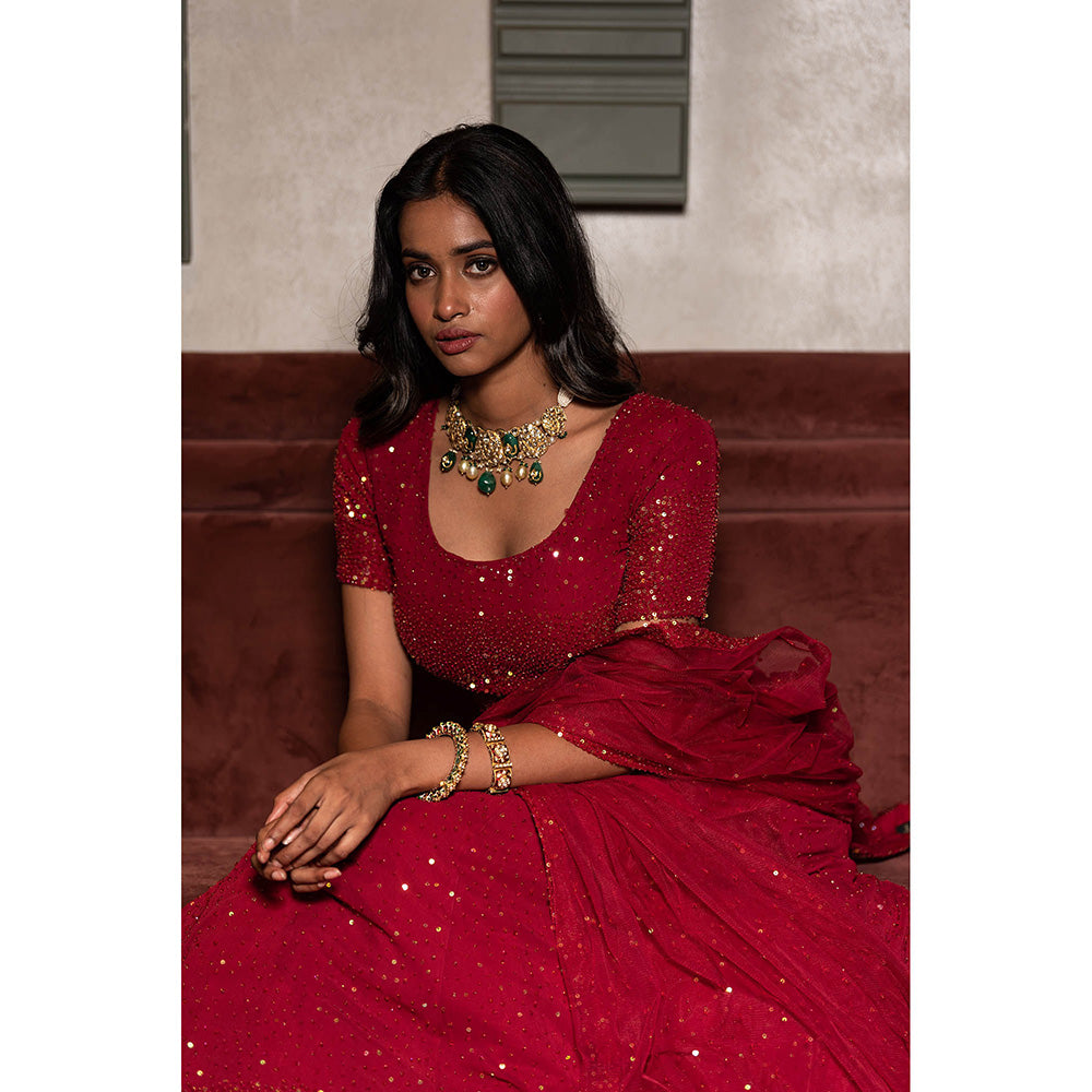 Midushi Bajoria Maroon Georgette Lehenga with Hand Embroidery Blouse & Dupatta (Set of 3)